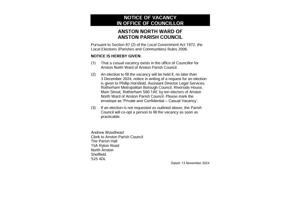 Notice for Anston North Ward of Anston Parish Council